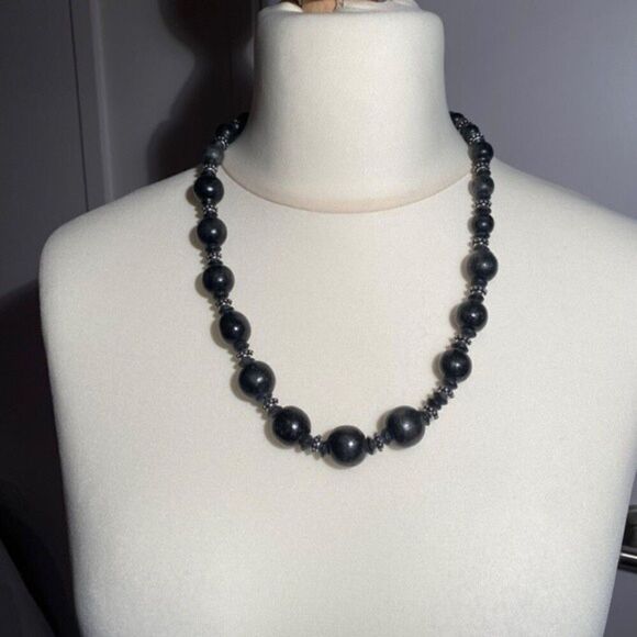 0400 Vintage Fashion Necklace Black Wooden Beads With Rhinestones - Picture 4 of 6
